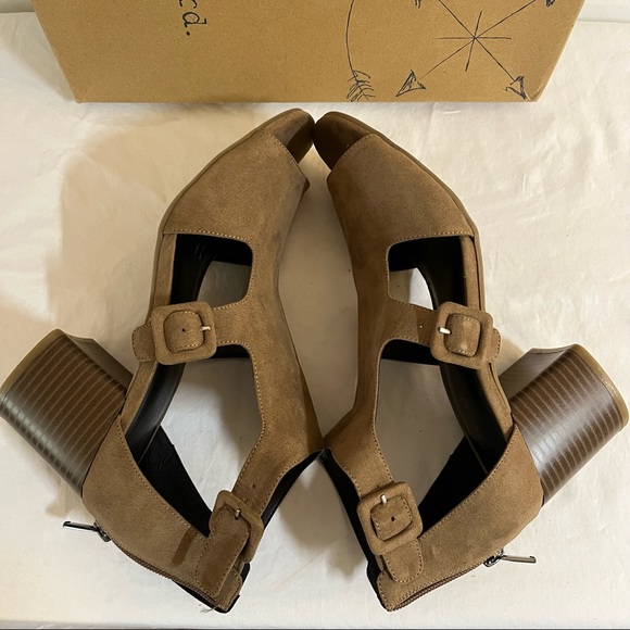 Tan open-toed block heels suede with buckles summer shoes with zipper - Picture 4 of 11